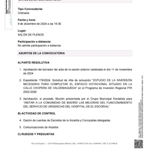 Convocatoria a Pleno sesión ordinaria, lunes 9 de diciembre a las 19:30h